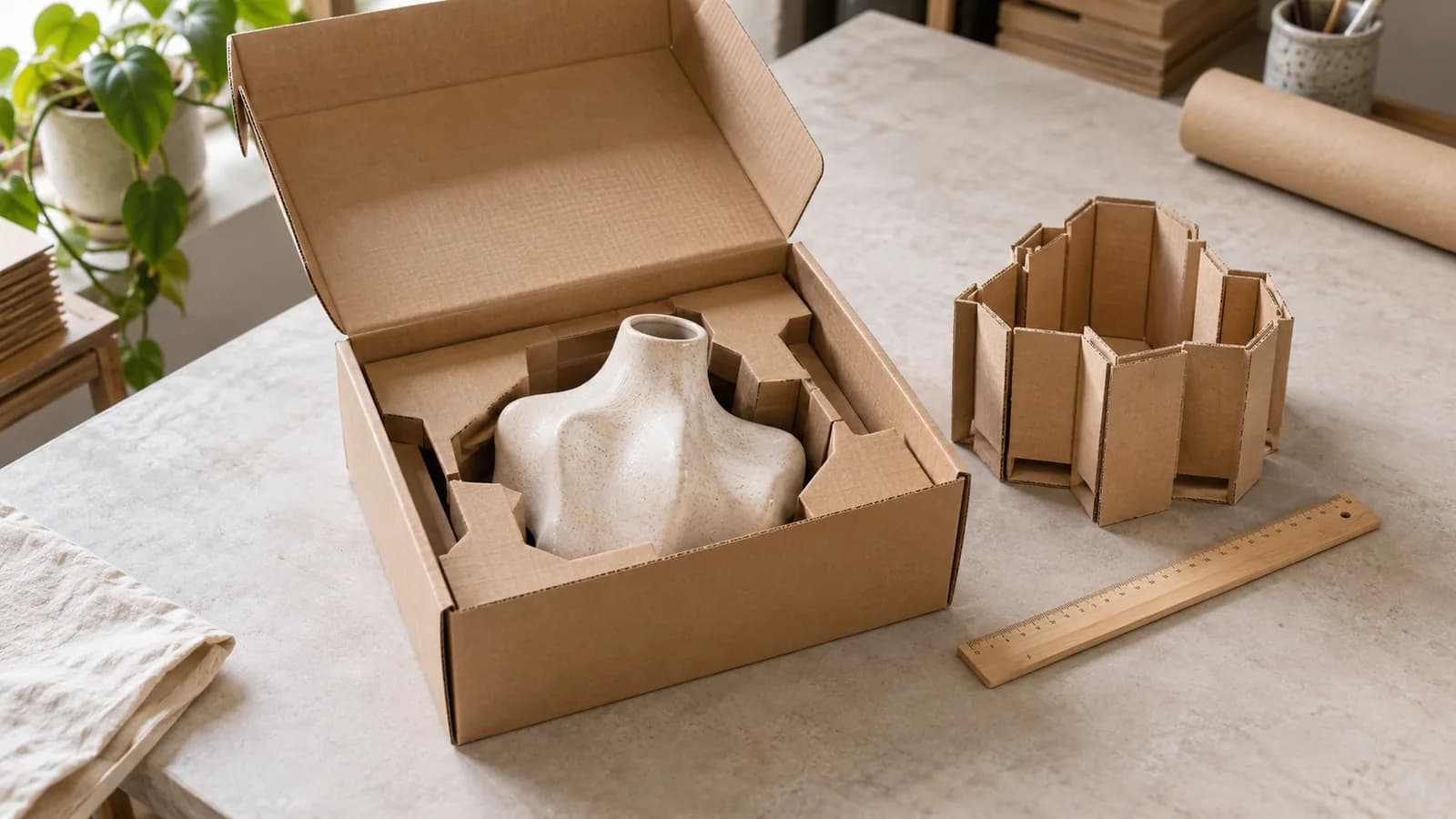 Een passend kartonnen interieur rond een onregelmatig gevormd product.